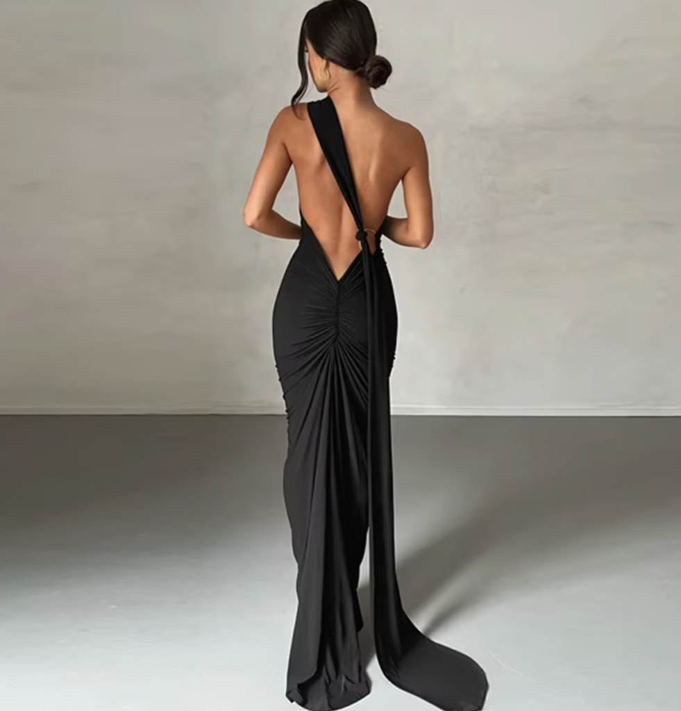 TRES LOW V BACK ONE SHOULDER GOWN