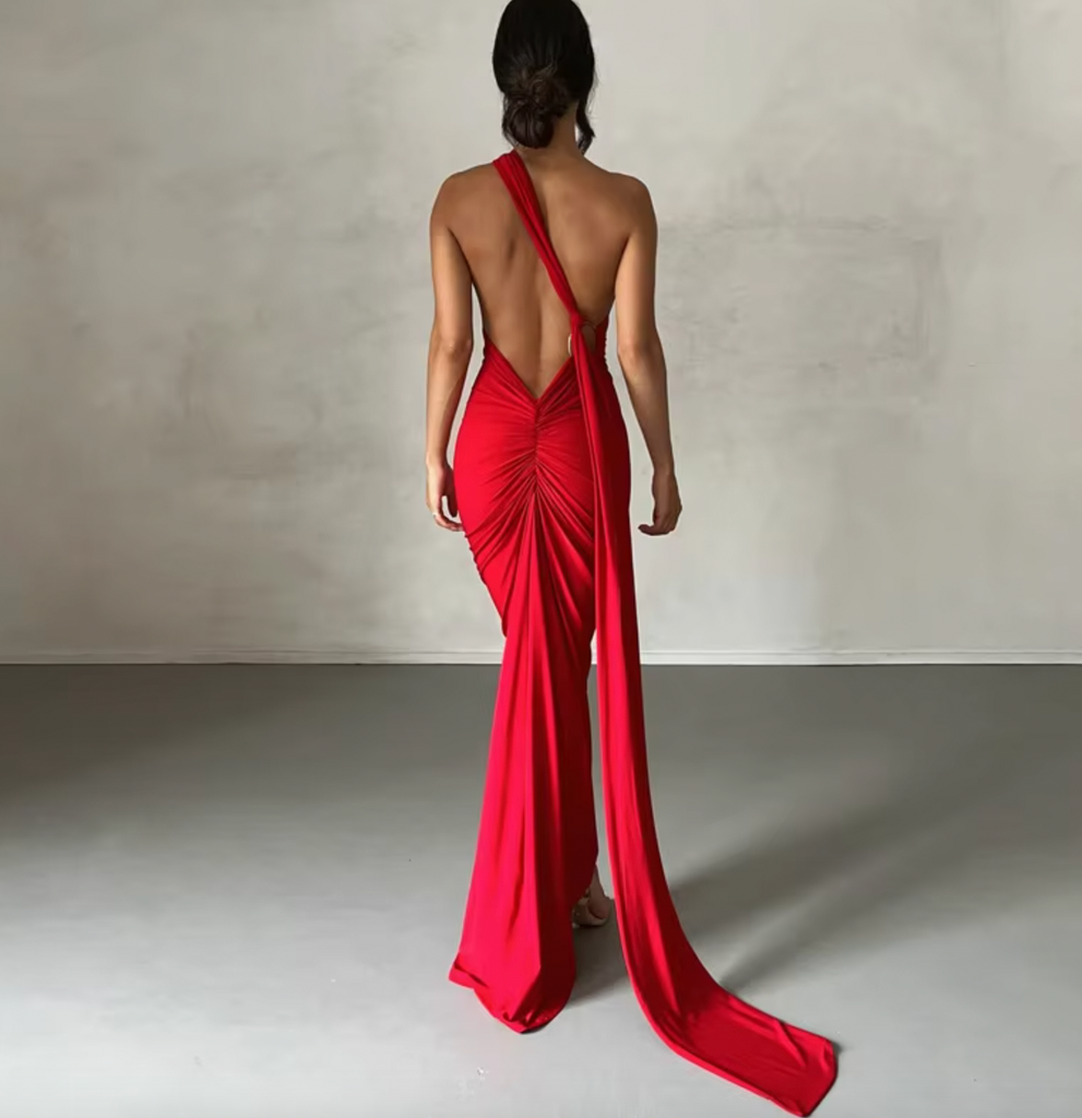 TRES LOW V BACK ONE SHOULDER GOWN