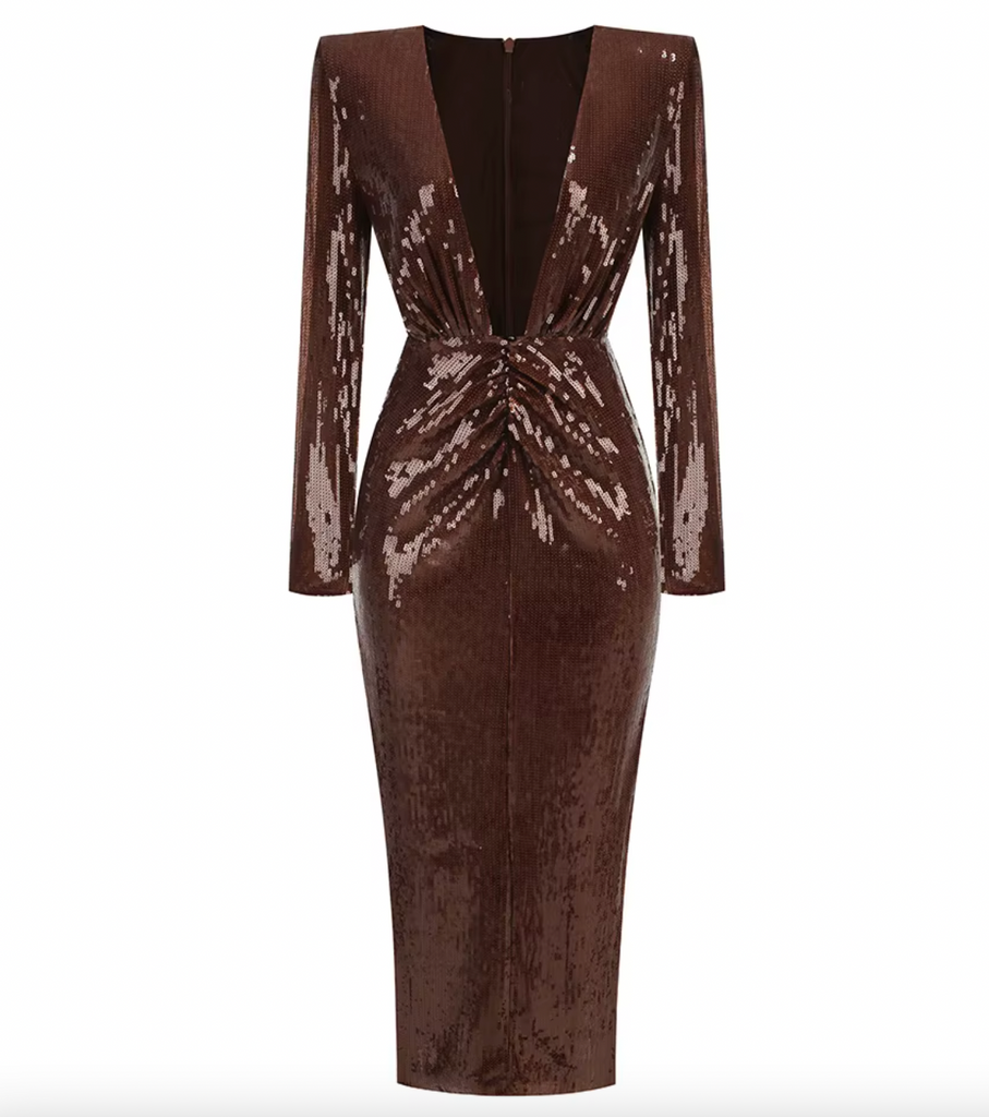 JACKI PLUNGE NECK BROWN SEQUIN DRESS