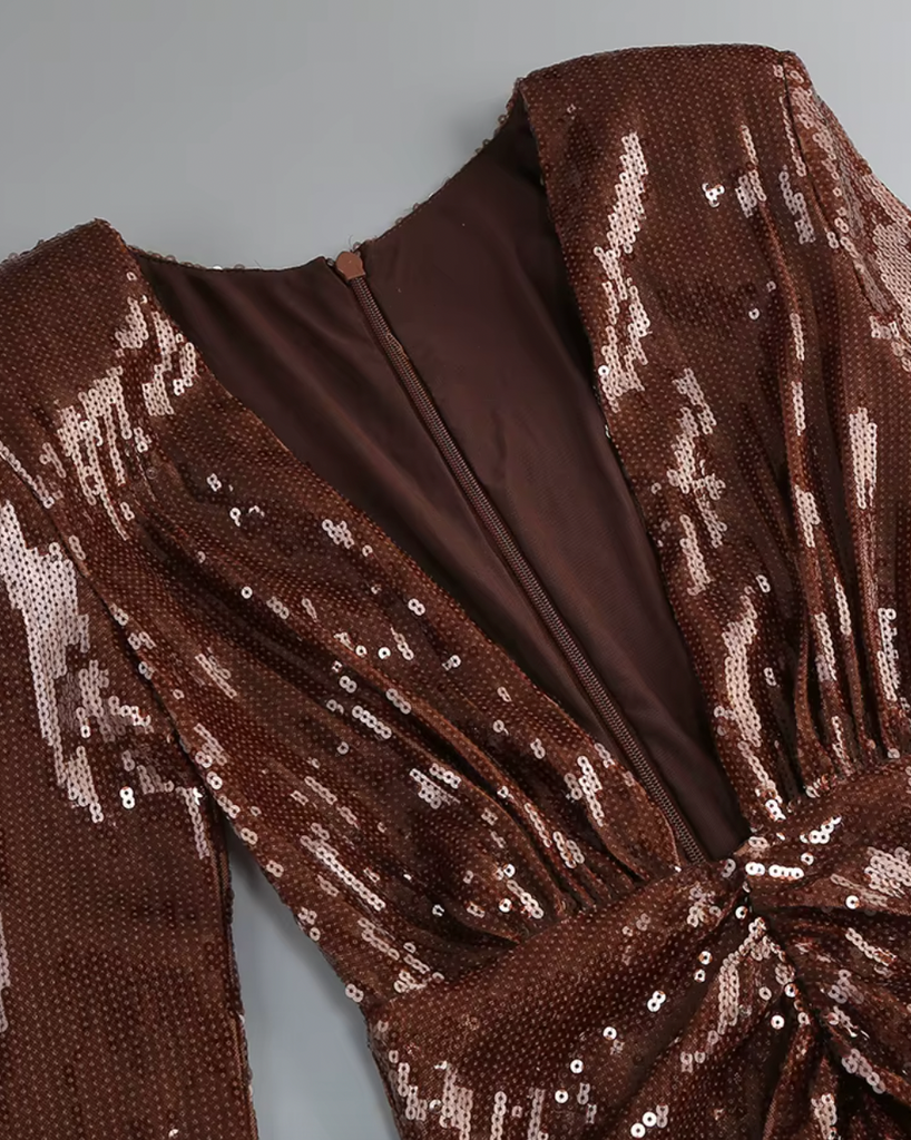 JACKI PLUNGE NECK BROWN SEQUIN DRESS