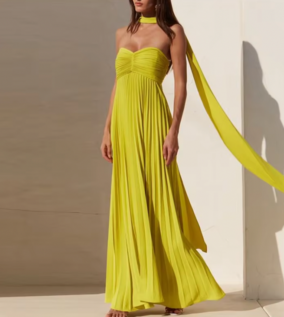 MELANI GREEN PLEATED STRAPLESS GOWN