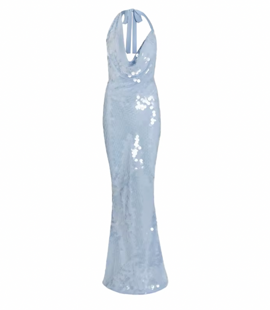 LORI BLUE DRAPED SEQUIN GOWN