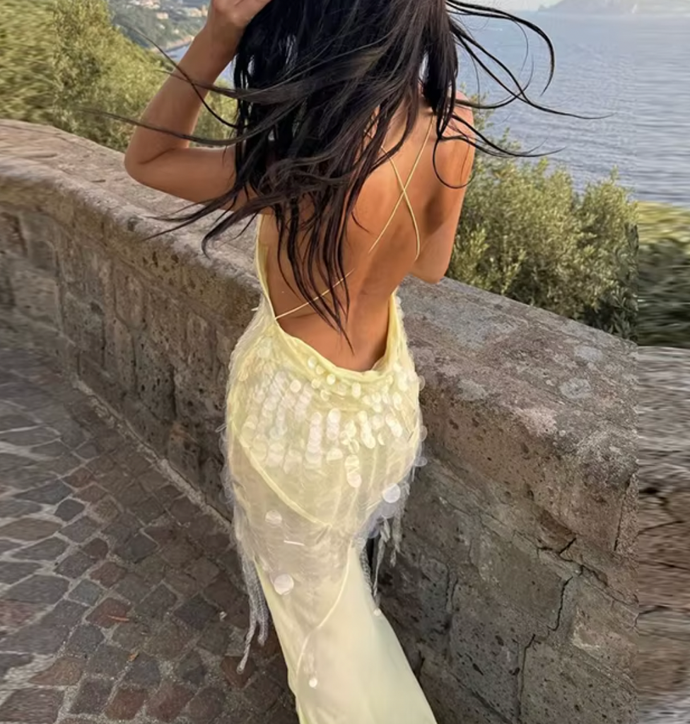 JANA LOW BACK YELLOW PLUNGE SEQUIN DRESS