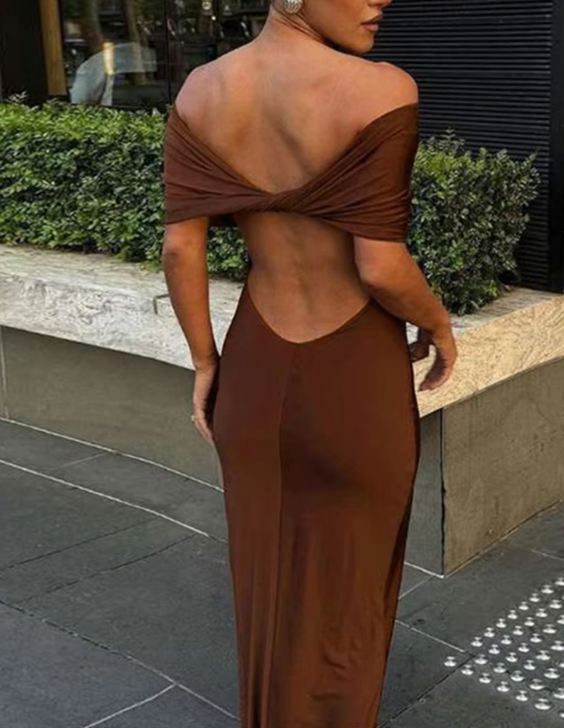 TESSI OFF THE SHOULDER OPEN BACK DRESS