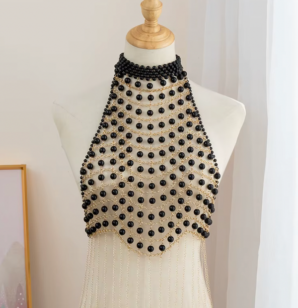 SCARLET HALTER PEARL BEADED TOP