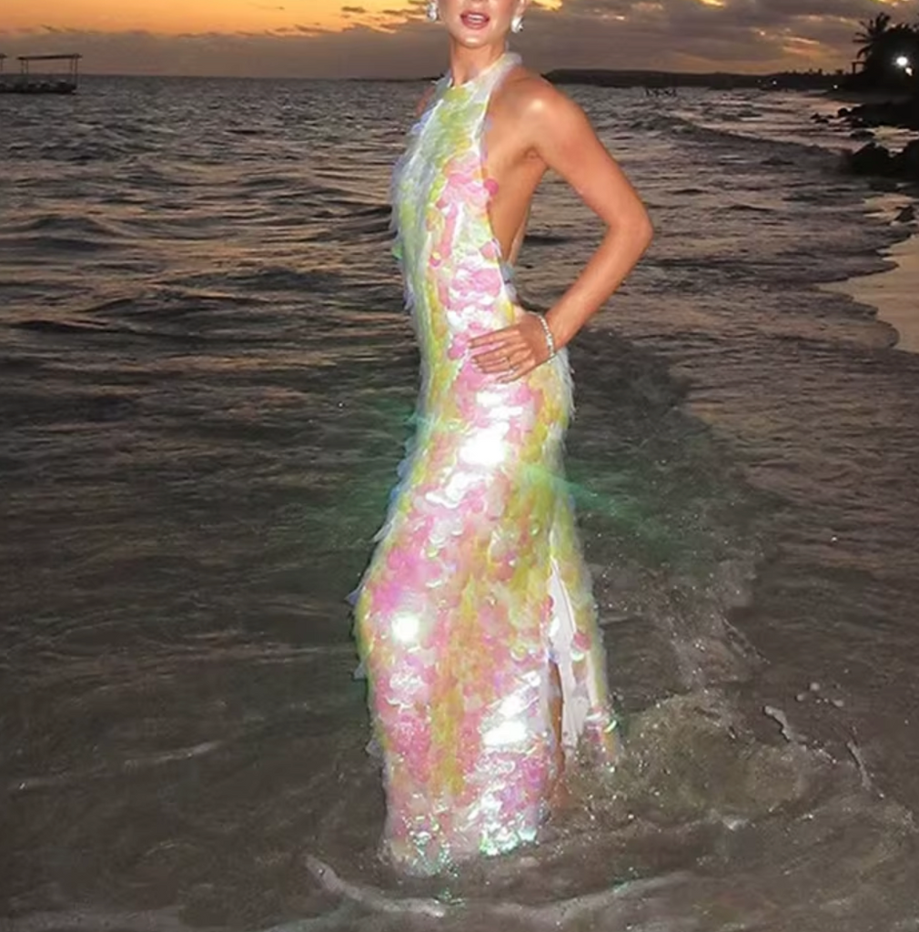 RAYA SEQUIN HALTER LOW BACK DRESS