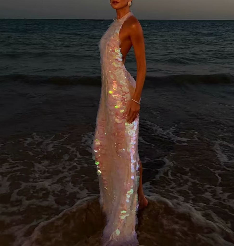 RAYA SEQUIN HALTER LOW BACK DRESS