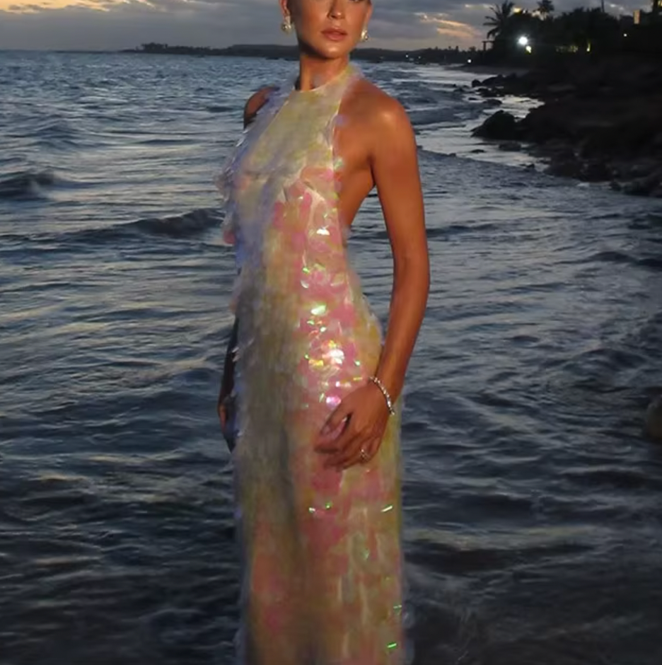 RAYA SEQUIN HALTER LOW BACK DRESS