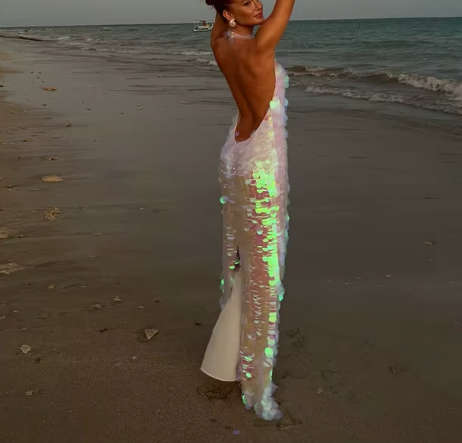 RAYA SEQUIN HALTER LOW BACK DRESS