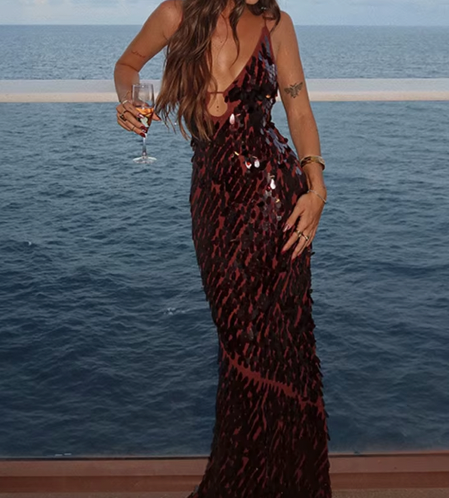 AUSTIN BROWN V NECK SEQUIN DRESS