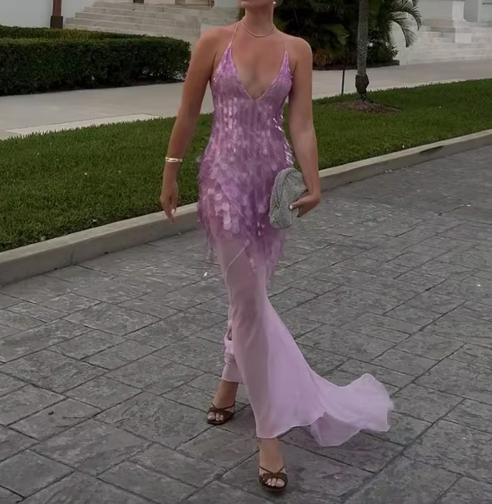JANA LOW BACK PLUNGE SEQUIN DRESS