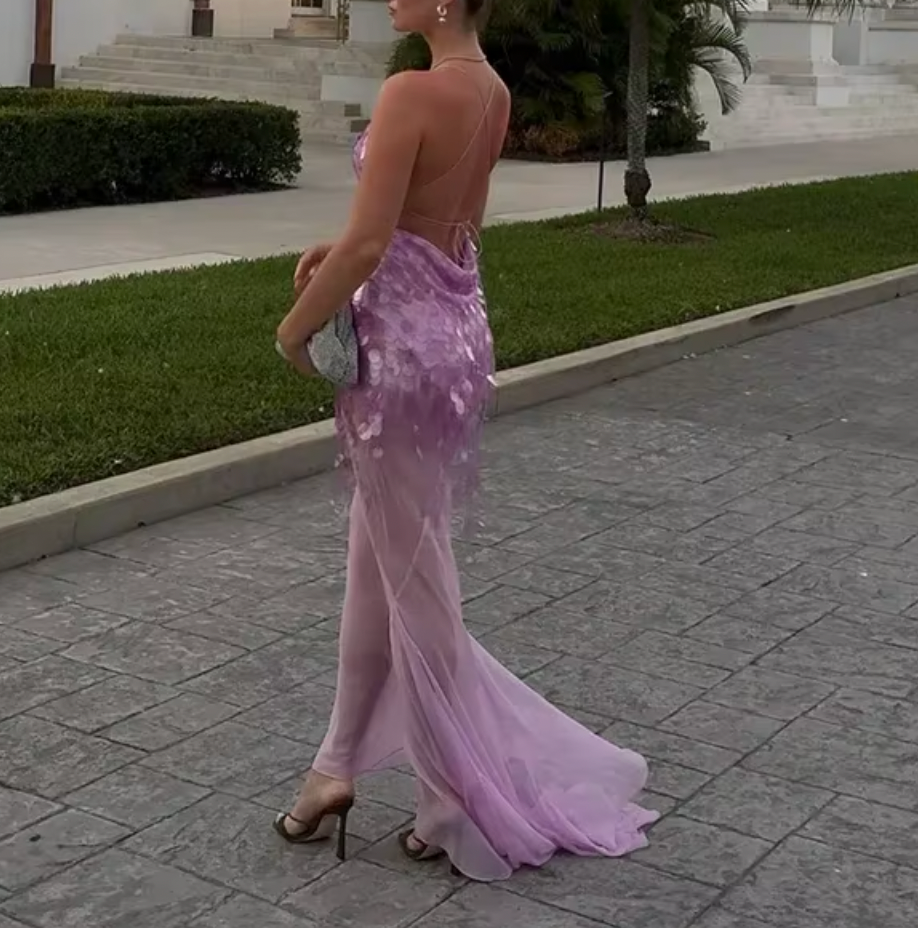 JANA LOW BACK PLUNGE SEQUIN DRESS