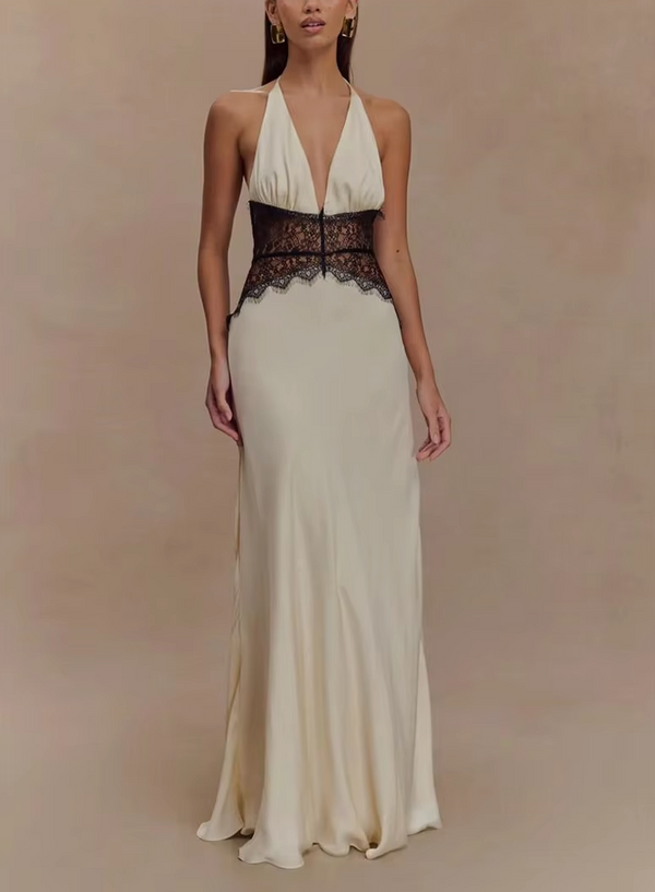 LEILA HALTER V NECK MAXI DRESS WITH LACE
