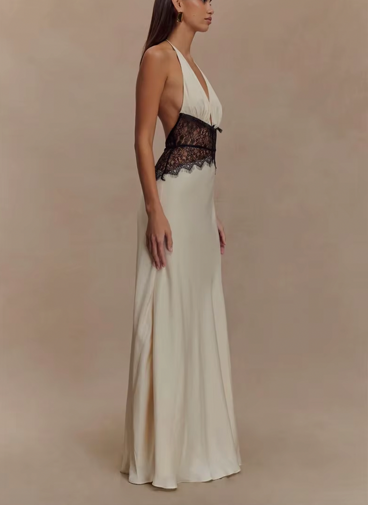 LEILA HALTER V NECK MAXI DRESS WITH LACE
