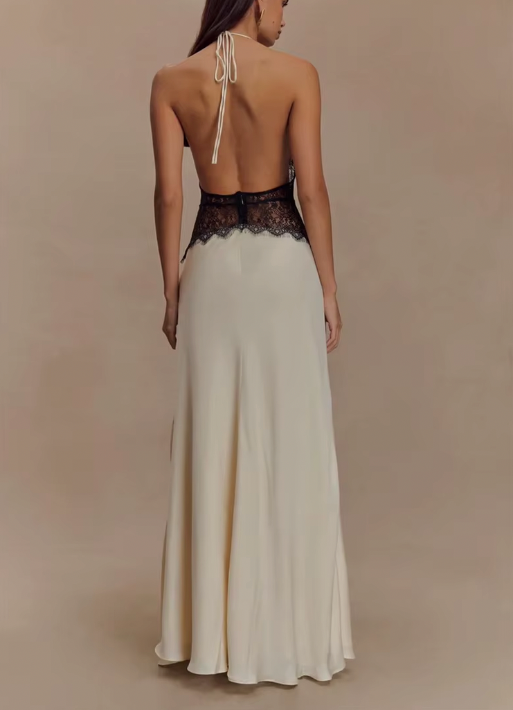 LEILA HALTER V NECK MAXI DRESS WITH LACE