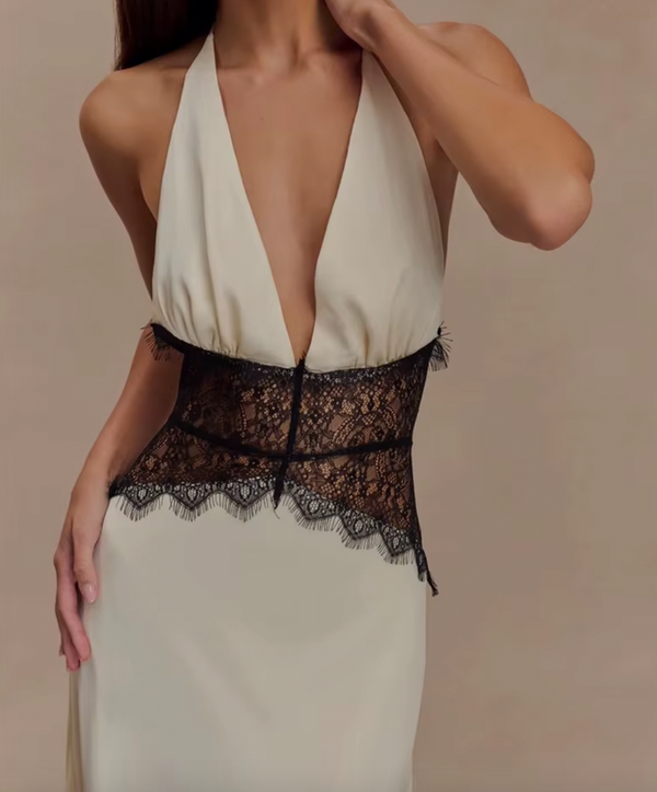 LEILA HALTER V NECK MAXI DRESS WITH LACE