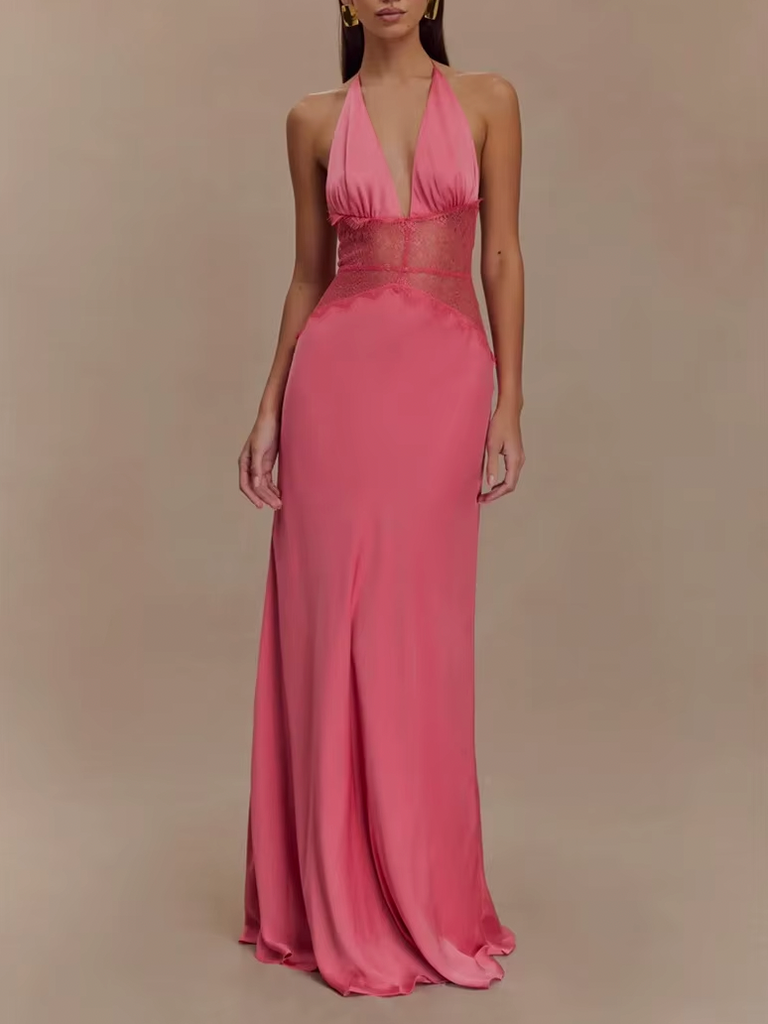 LEILA HALTER V NECK MAXI DRESS WITH LACE