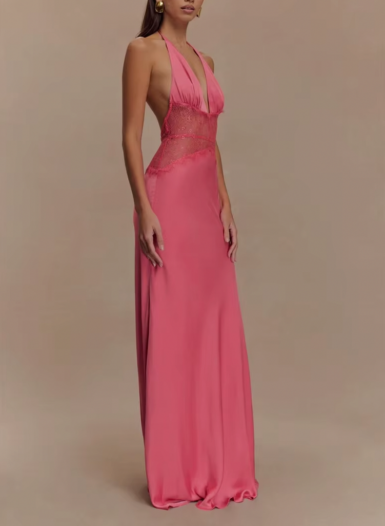 LEILA HALTER V NECK MAXI DRESS WITH LACE
