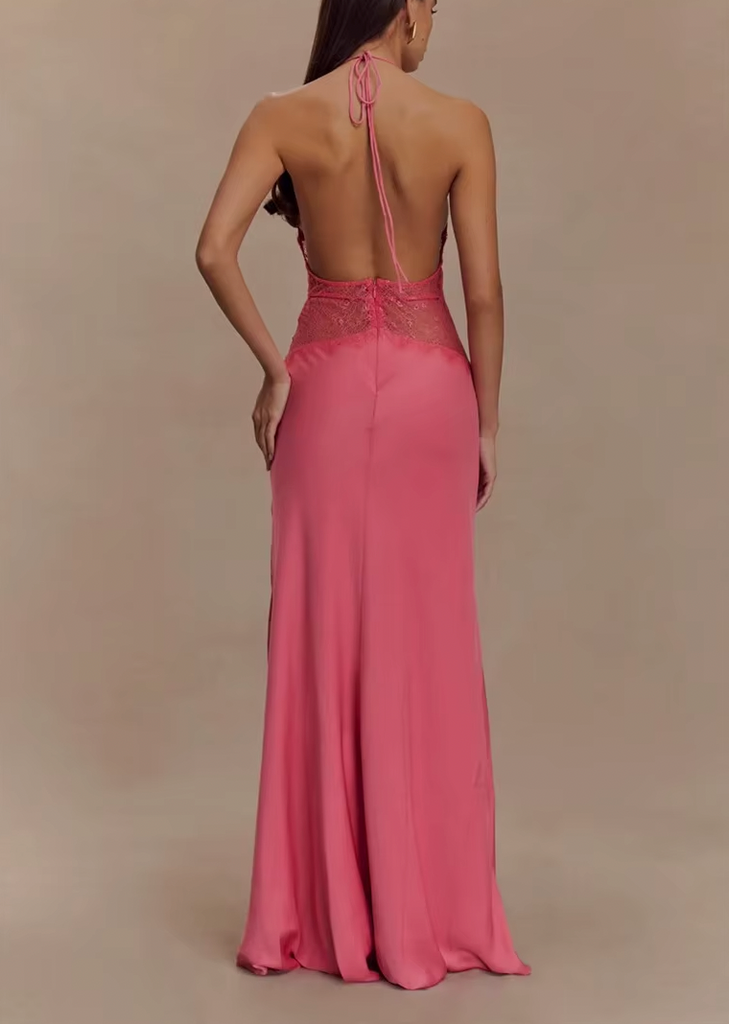 LEILA HALTER V NECK MAXI DRESS WITH LACE