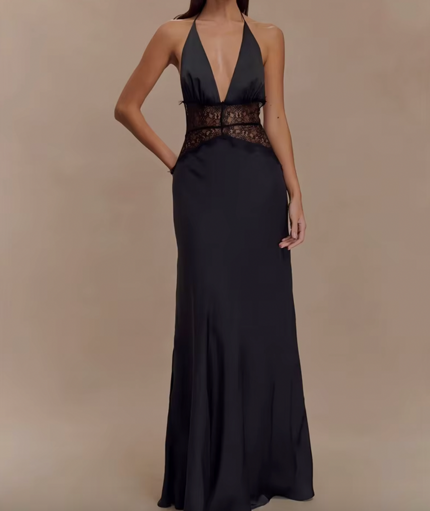 LEILA HALTER V NECK MAXI DRESS WITH LACE