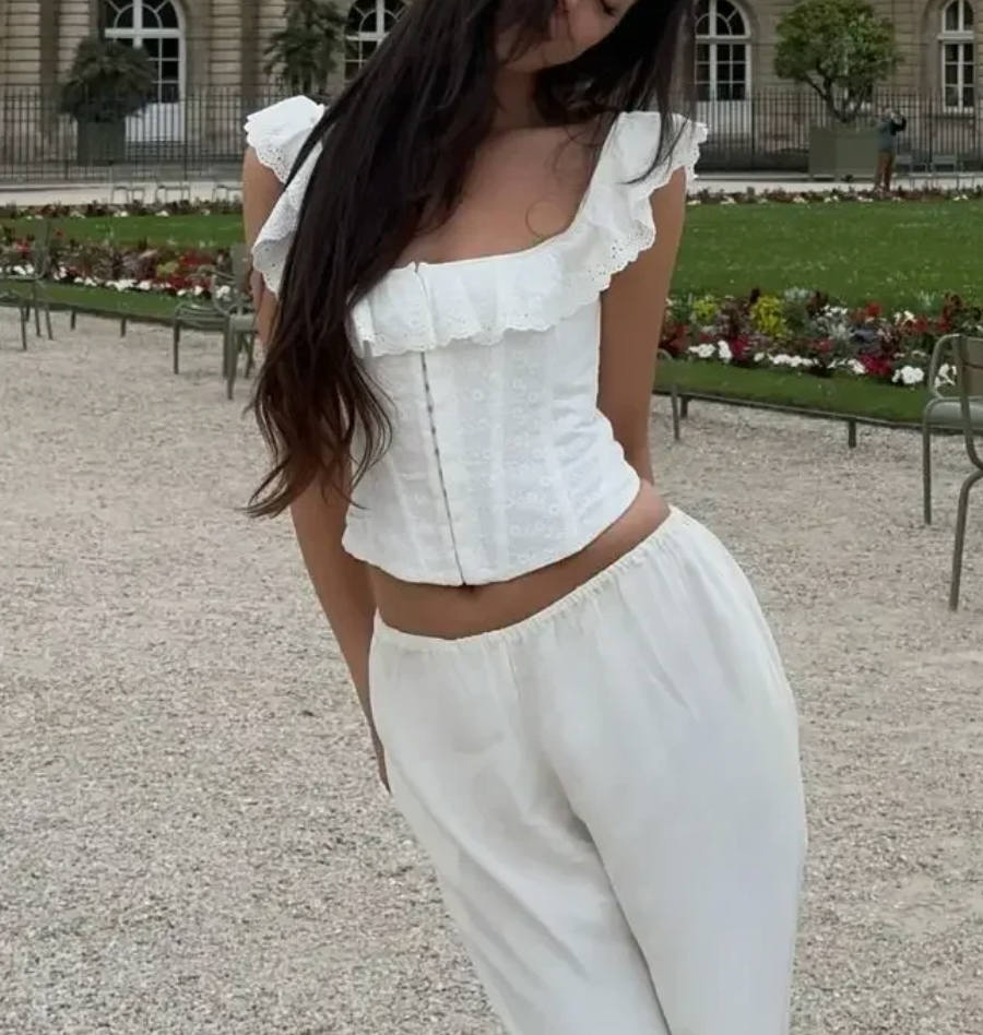 LEILA EYELET CORSET RUFFLE TOP