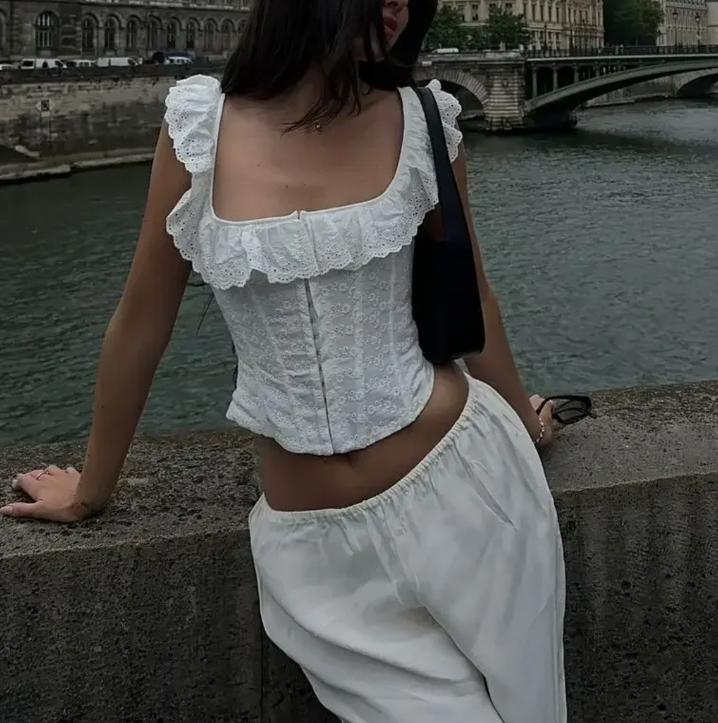 LEILA EYELET CORSET RUFFLE TOP