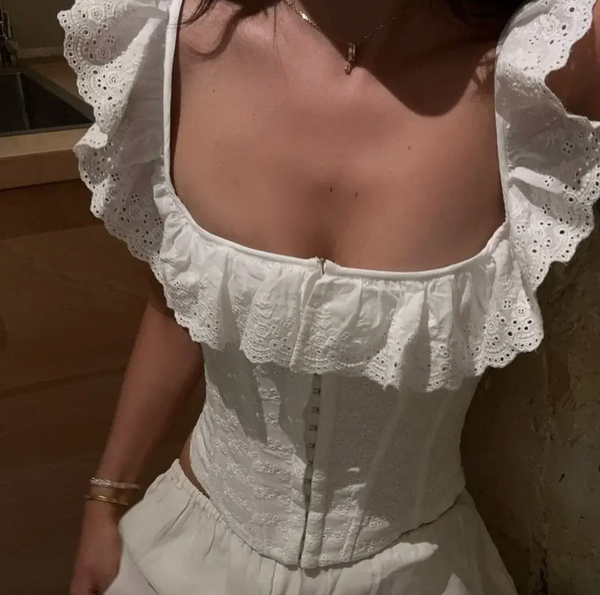 LEILA EYELET CORSET RUFFLE TOP