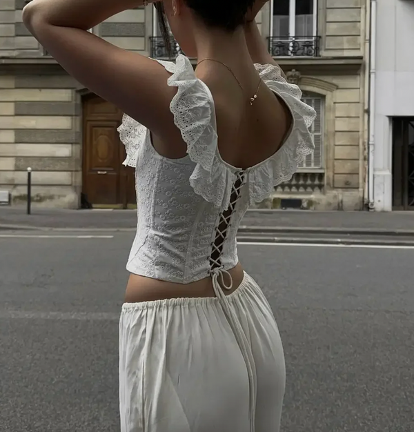 LEILA EYELET CORSET RUFFLE TOP