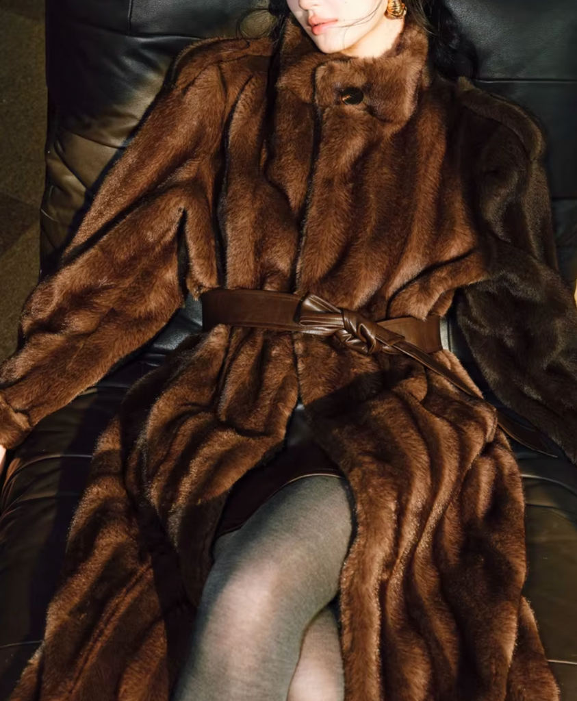 PIA BROWN LONG FAUX FUR COAT