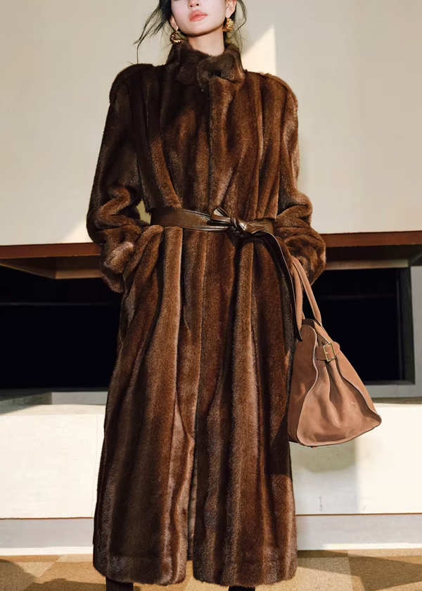 PIA BROWN LONG FAUX FUR COAT
