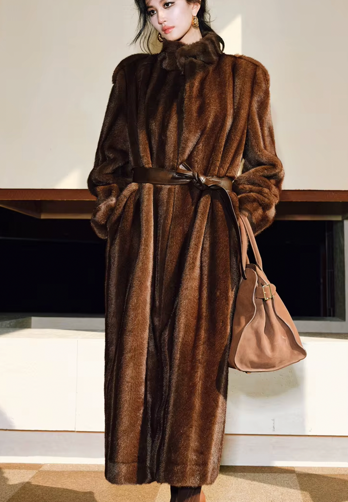 PIA BROWN LONG FAUX FUR COAT