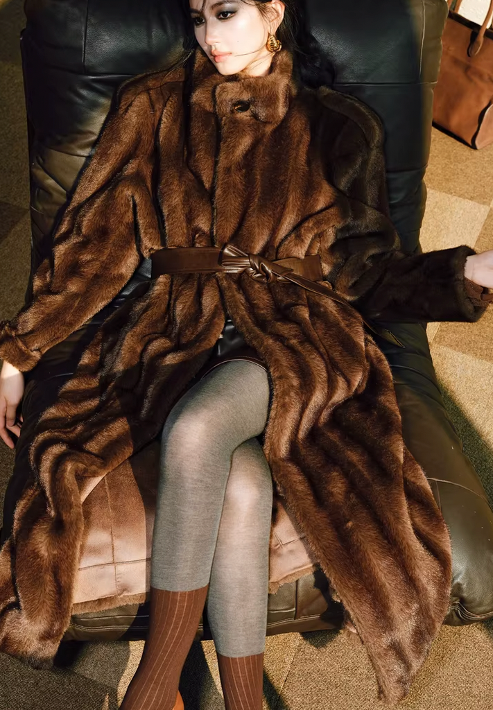 PIA BROWN LONG FAUX FUR COAT