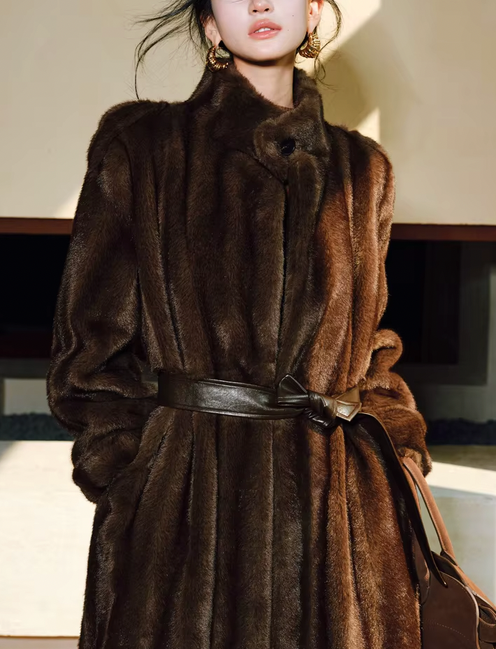 PIA BROWN LONG FAUX FUR COAT