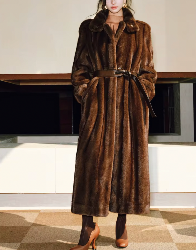 PIA BROWN LONG FAUX FUR COAT