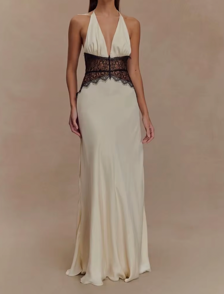 ILIA DEEP V HALTER LACE COMBO DRESS