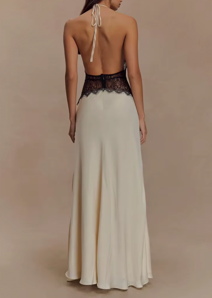 ILIA DEEP V HALTER LACE COMBO DRESS