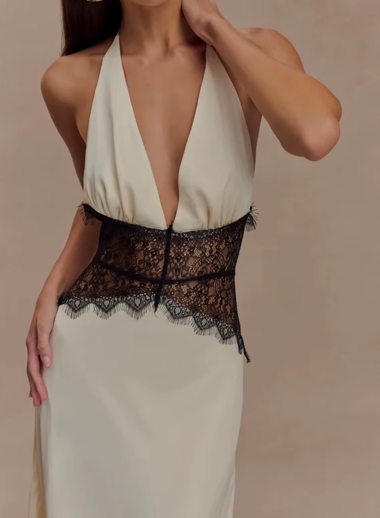 ILIA DEEP V HALTER LACE COMBO DRESS