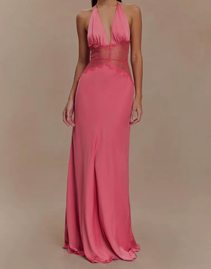 ILIA DEEP V HALTER LACE COMBO DRESS