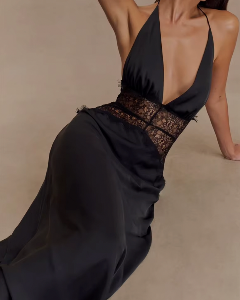 ILIA DEEP V HALTER LACE COMBO DRESS