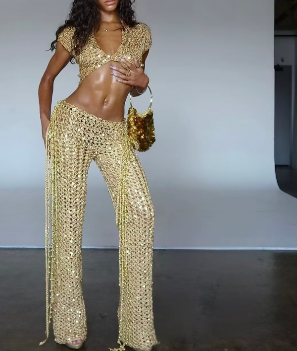 LAYLA 2 PC CROCHET SEQUIN TOP AND PANT SET