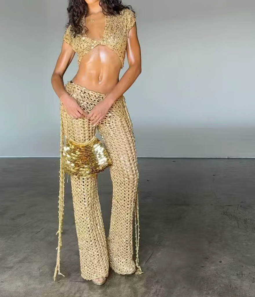LAYLA 2 PC CROCHET SEQUIN TOP AND PANT SET