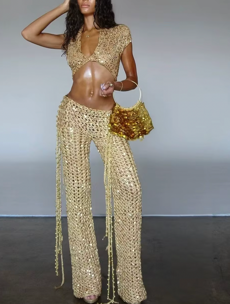 LAYLA 2 PC CROCHET SEQUIN TOP AND PANT SET