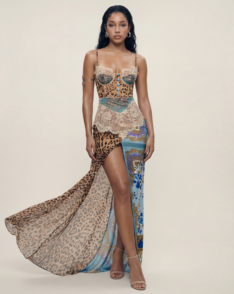 lace and leopard dress YANA & PRINTED – NEO NOIR NYC Crafted from sheer leopard Color:Red dress Women's Cream Fringed Rib-Knit black strapless maxi dress formal