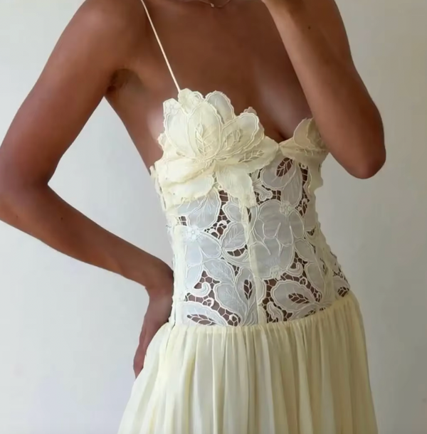 LUNA LACE APPLIQUE CHIFFON MAXI DRESS