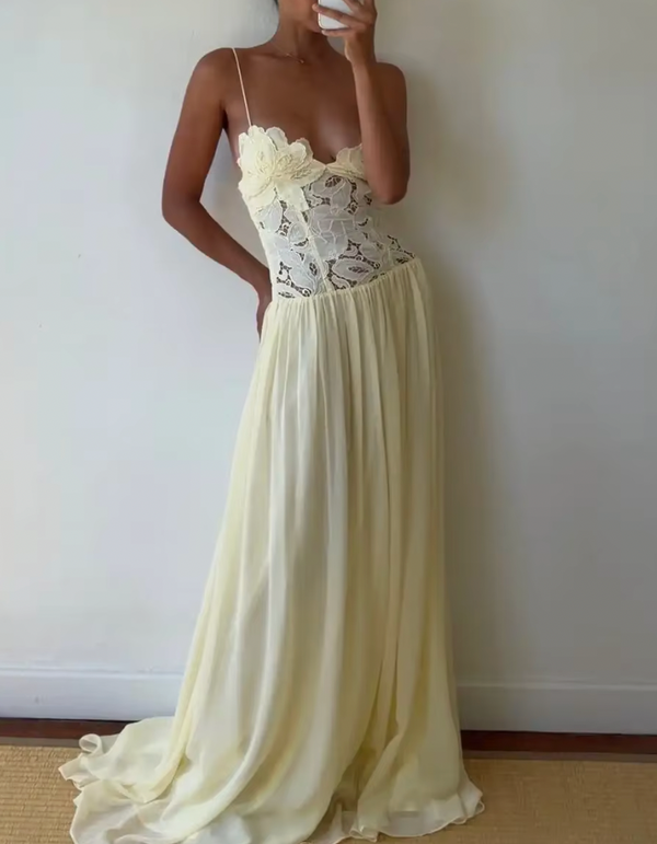 LUNA LACE APPLIQUE CHIFFON MAXI DRESS