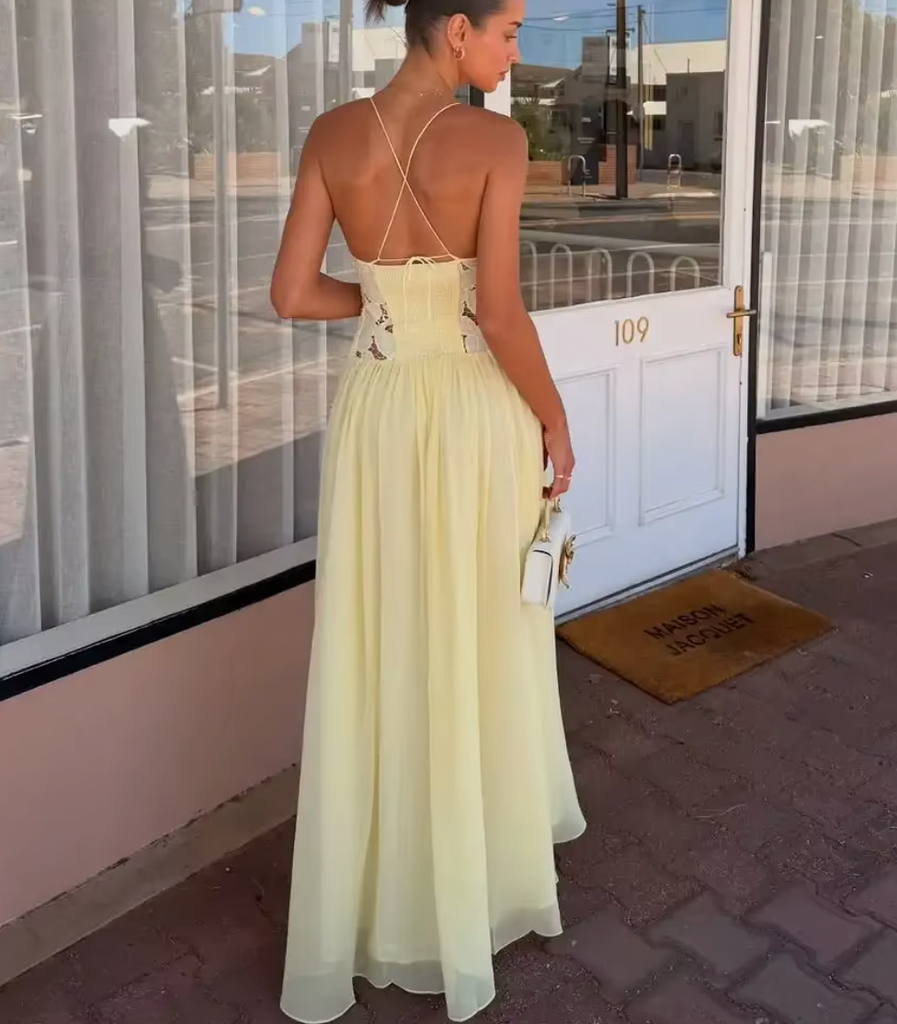 LUNA LACE APPLIQUE CHIFFON MAXI DRESS