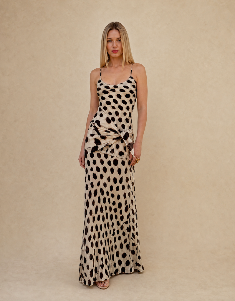 SAVANNAH SPOTTED MAXI DRESS WITH WAIST SCARF