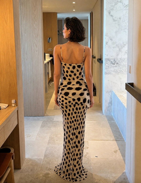 SAVANNAH SPOTTED MAXI DRESS WITH WAIST SCARF