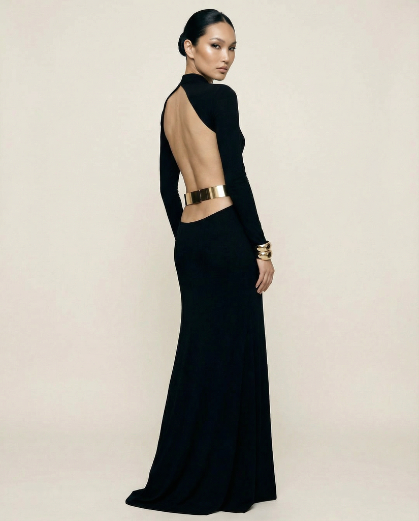 Selene black open back evening gown with gold bar waist hardware back view