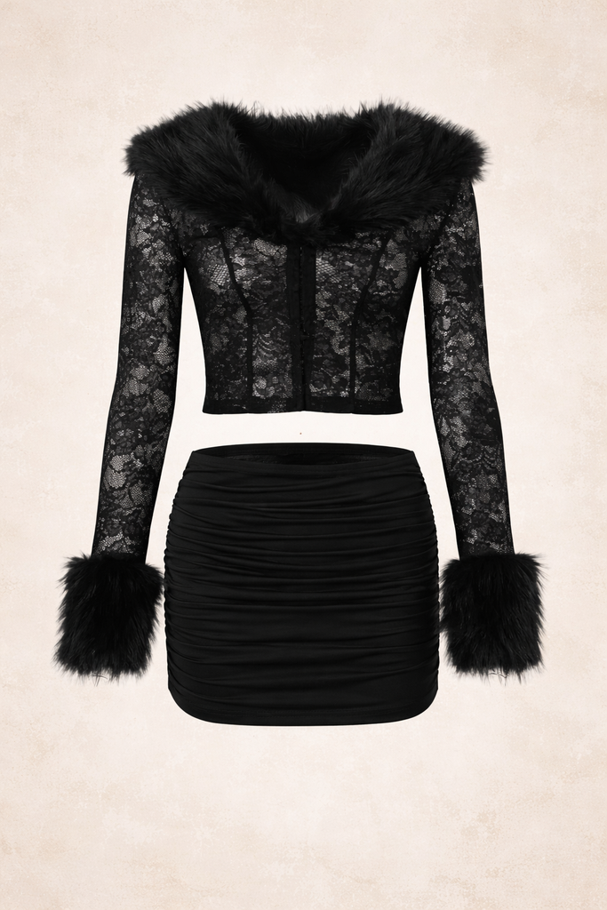 VALENTINA LACE FUR TRIM SKIRT SET